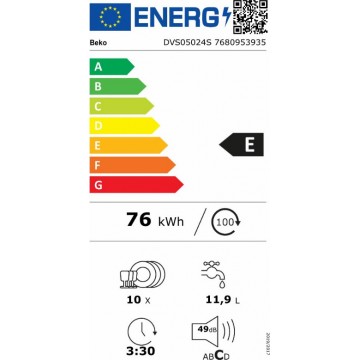 Beko DVS05024S Ελεύθερο Πλυντήριο Πιάτων για 10 Σερβίτσια Π44.8xY85εκ. Inox